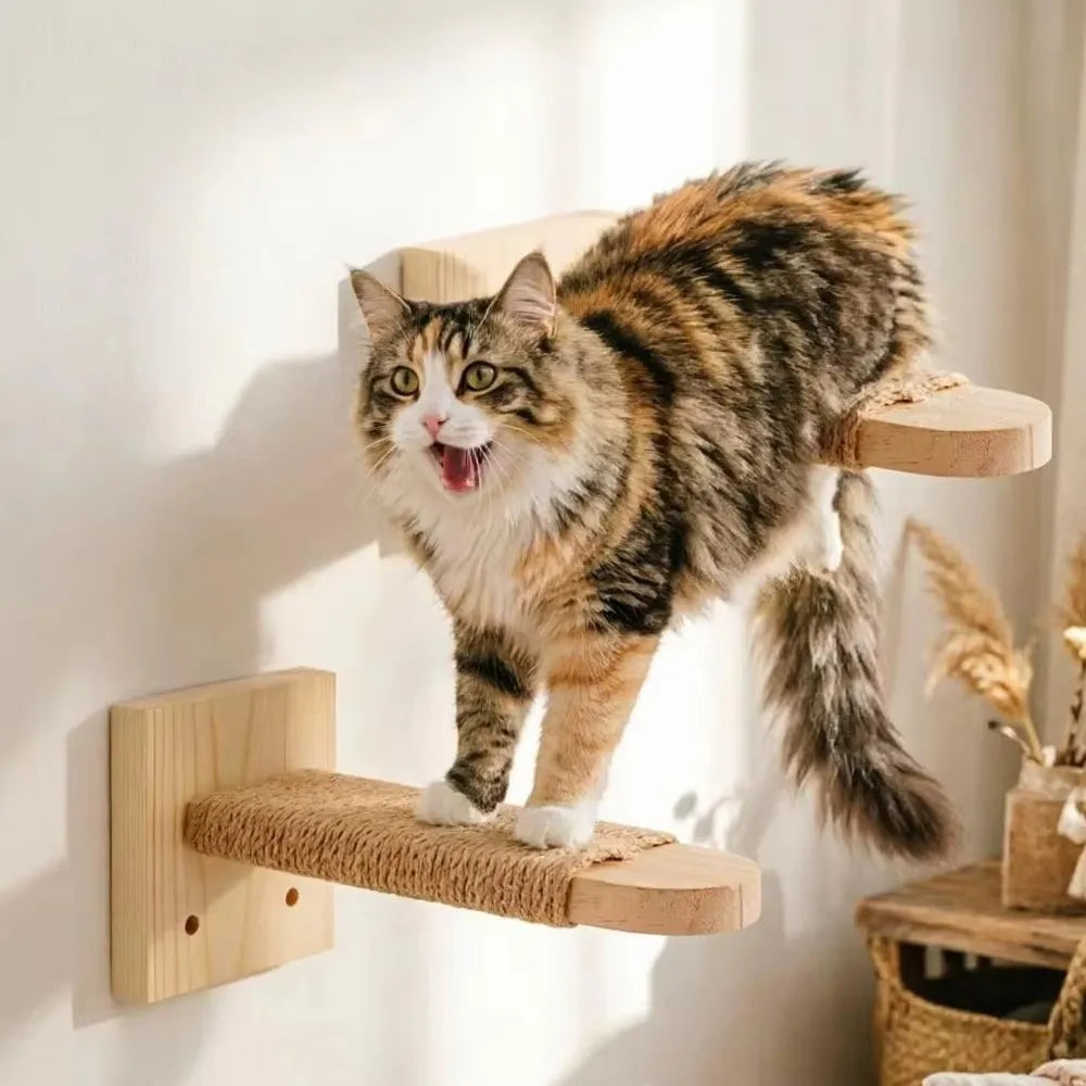 Wooden Wall-Mounted Cat Climbing Shelf & Sisal Scratcher