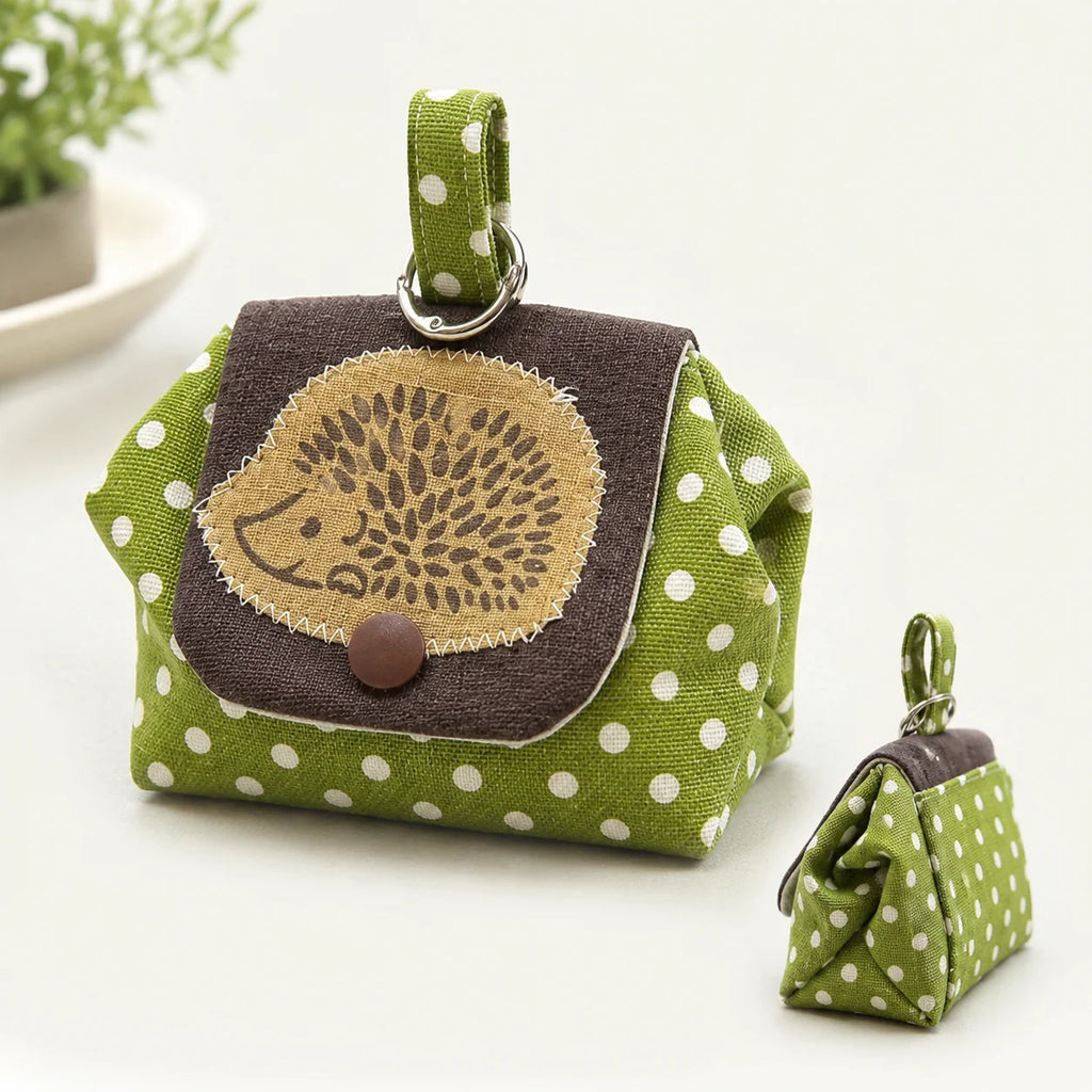 Hedgehog Embroidery Coin Purse – Green Polka Dot Mini Pouch
