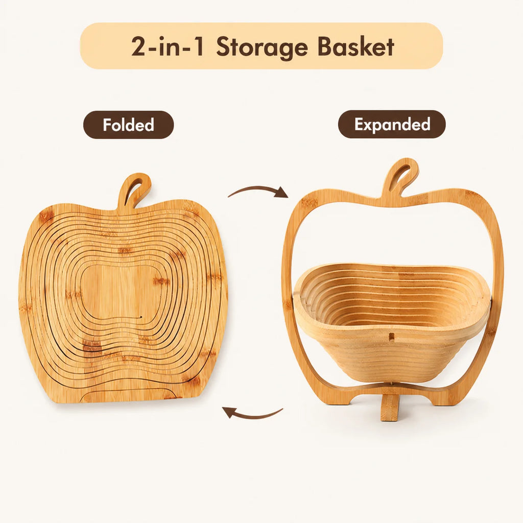 Foldable Bamboo Fruit Basket & Heat-Resistant Wooden Tray