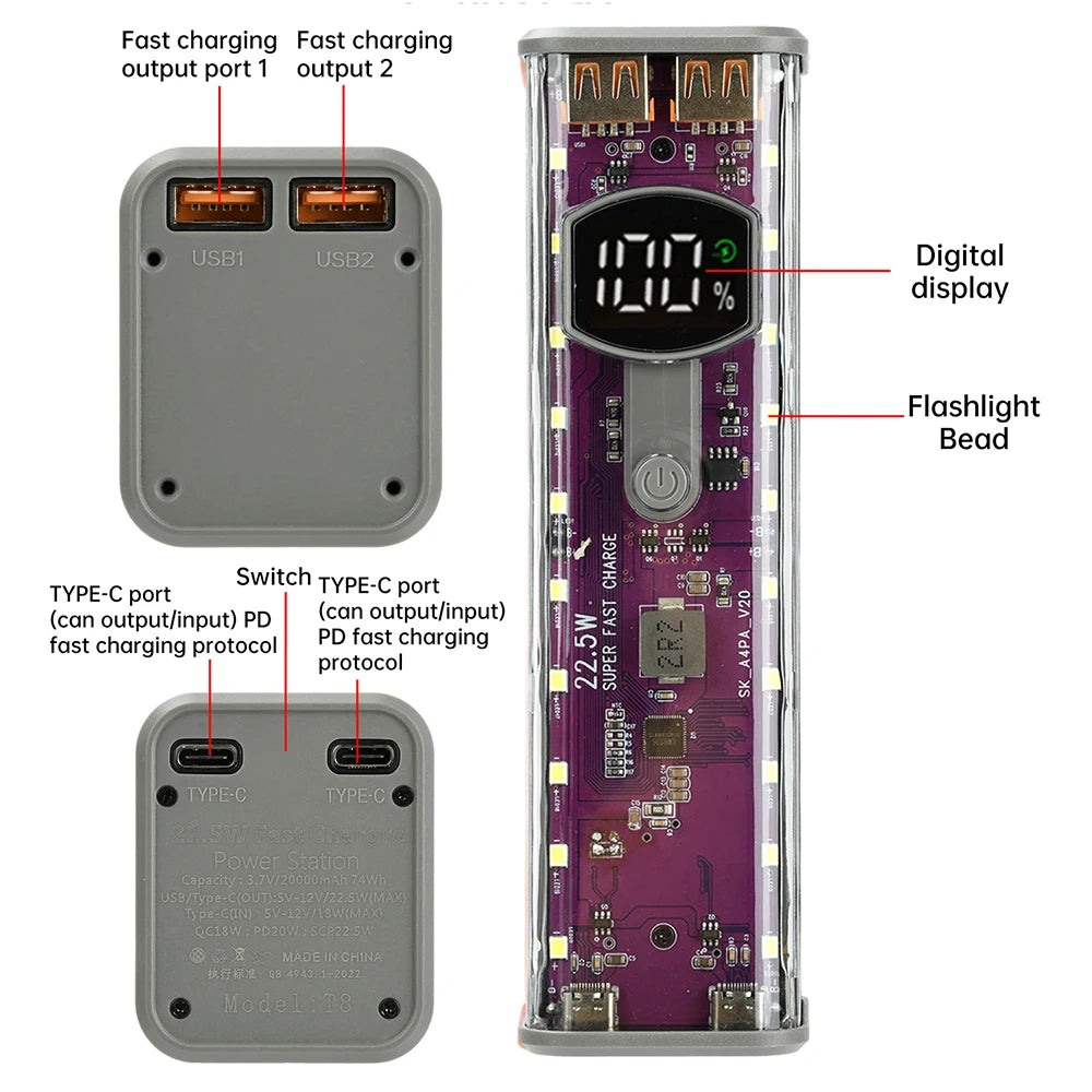 22.5W Mecha Power Bank Case 8x18650 Dual USB-C DIY Kit
