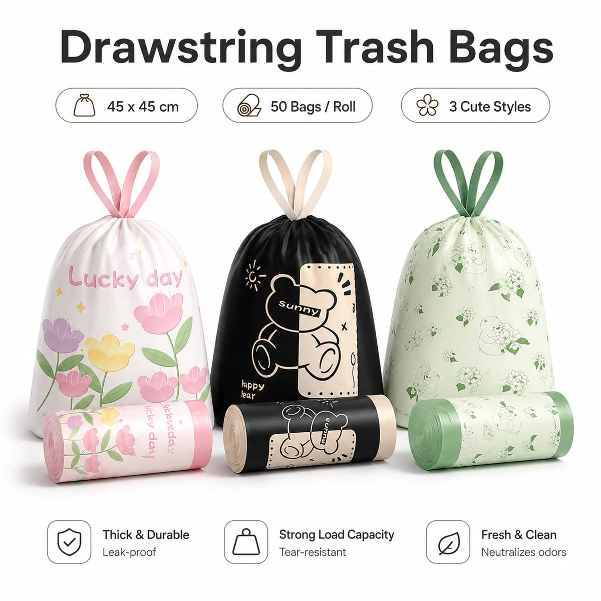 50-Count Scented Drawstring Trash Bags – 20L Cute Bin Liners