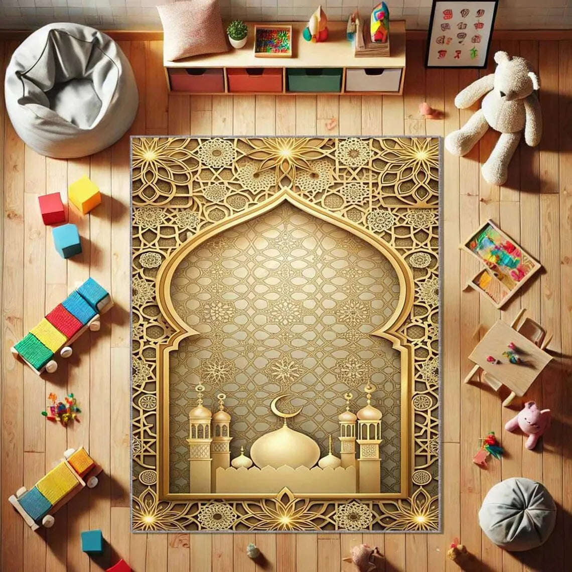 Islamic Prayer Rug – Gold Mihrab Arch Pattern Muslim Mat