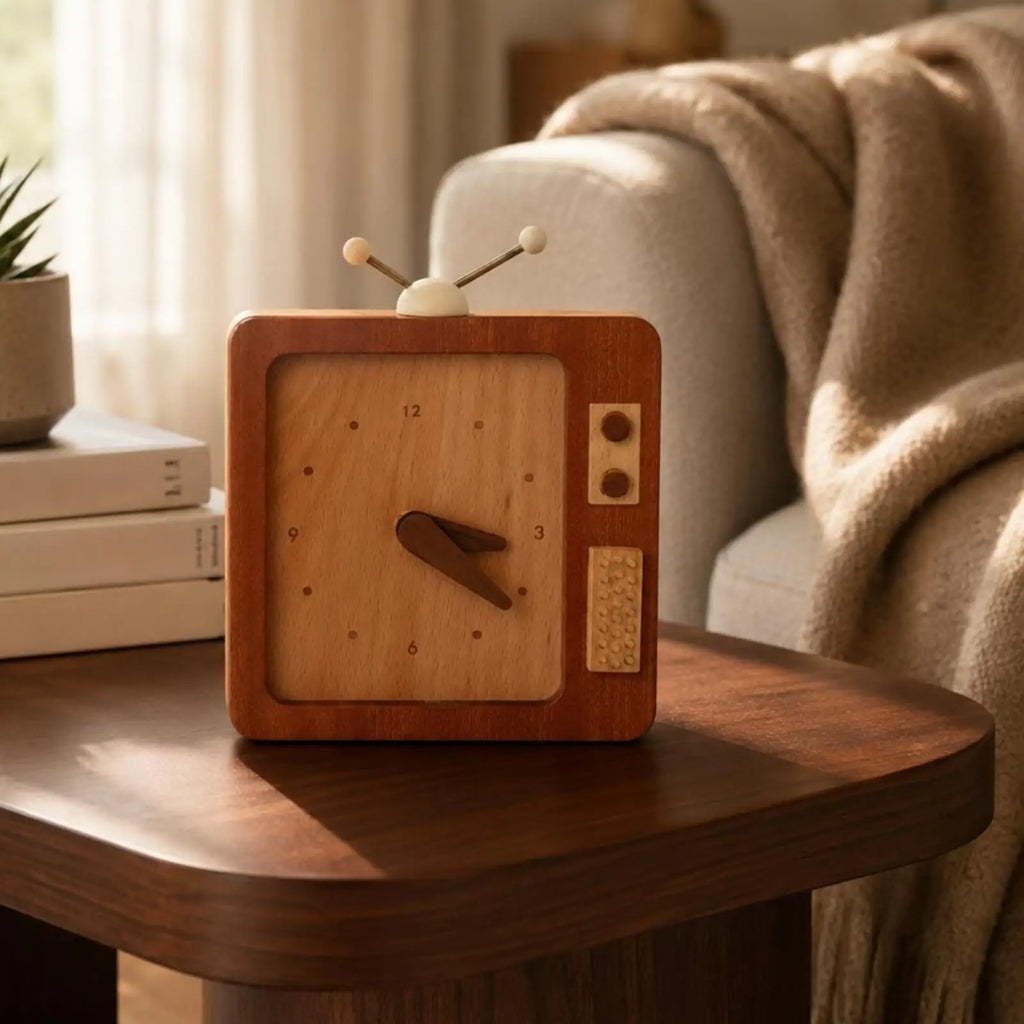 Wooden Retro Square Desk Alarm Clock – Vintage TV Style