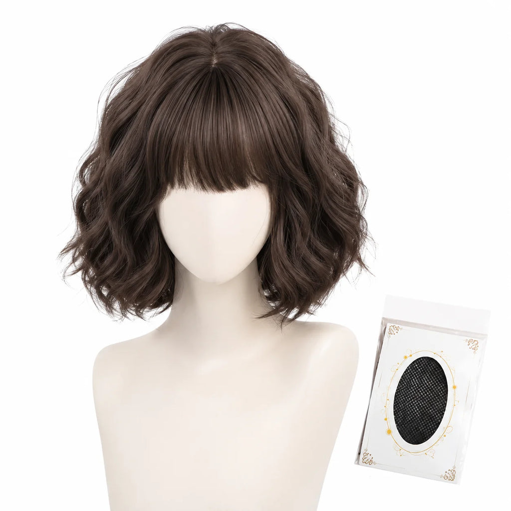 Short Wavy Bob Wig with Bangs – Synthetic Natural Scalp