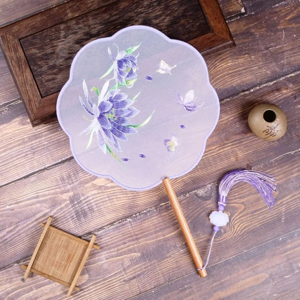 Vintage Silk Embroidery Fan – Floral Hanfu Accessory with Pendant