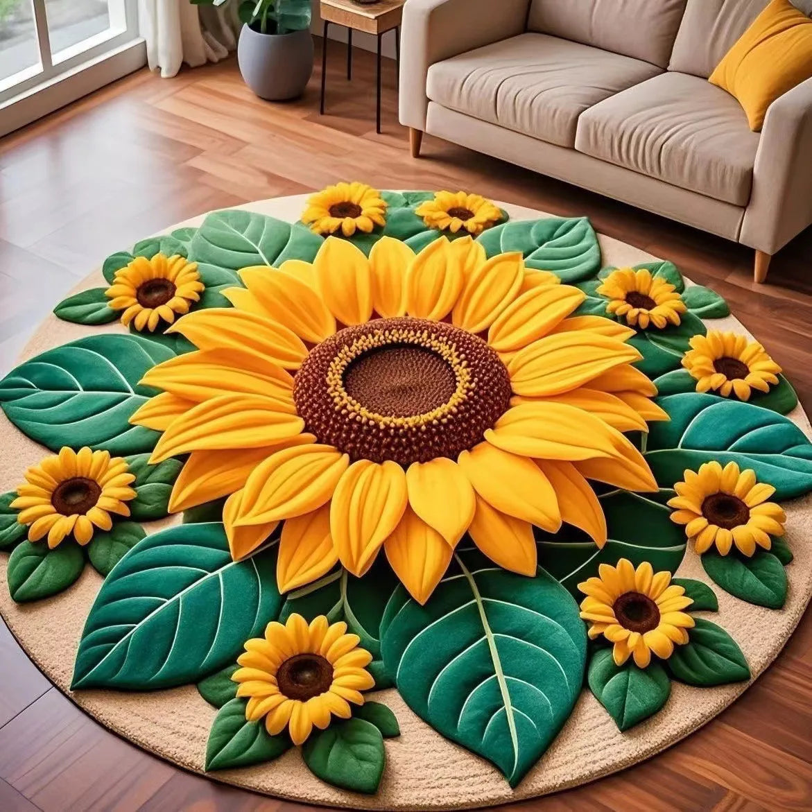 2D Peacock Flower Round Carpet – Anti-Slip Area Rug