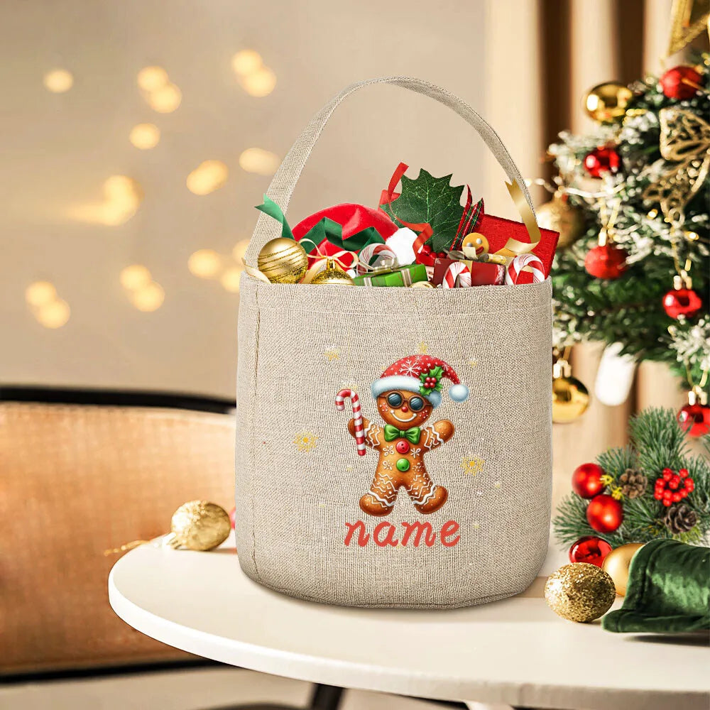 Personalized Christmas Gingerbread Man Linen Gift Bag
