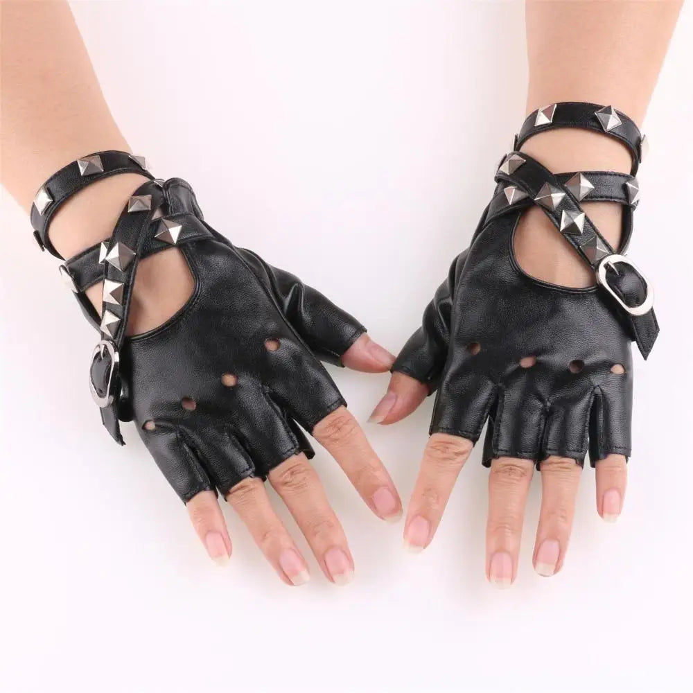 Punk Rivet Fingerless Gloves – Faux Leather Wrist Mittens