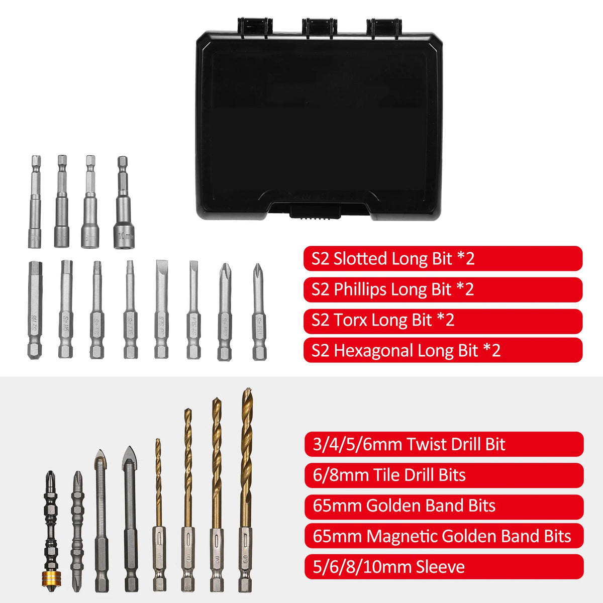 Meterk 15/20/45-Pc Drill & Screwdriver Bit Set with Case