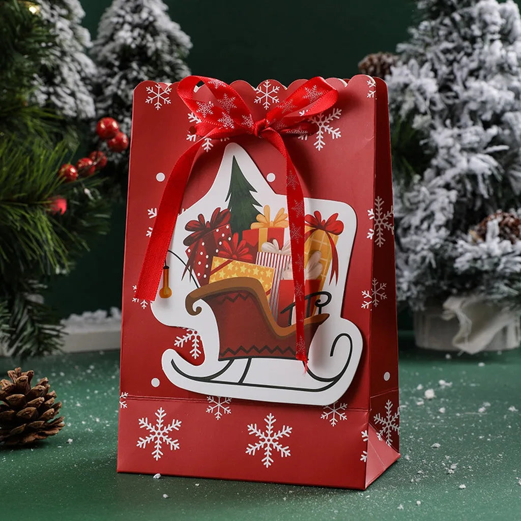 Cartoon Christmas Paper Gift Bag | Snowflake Ribbon Bow Handle