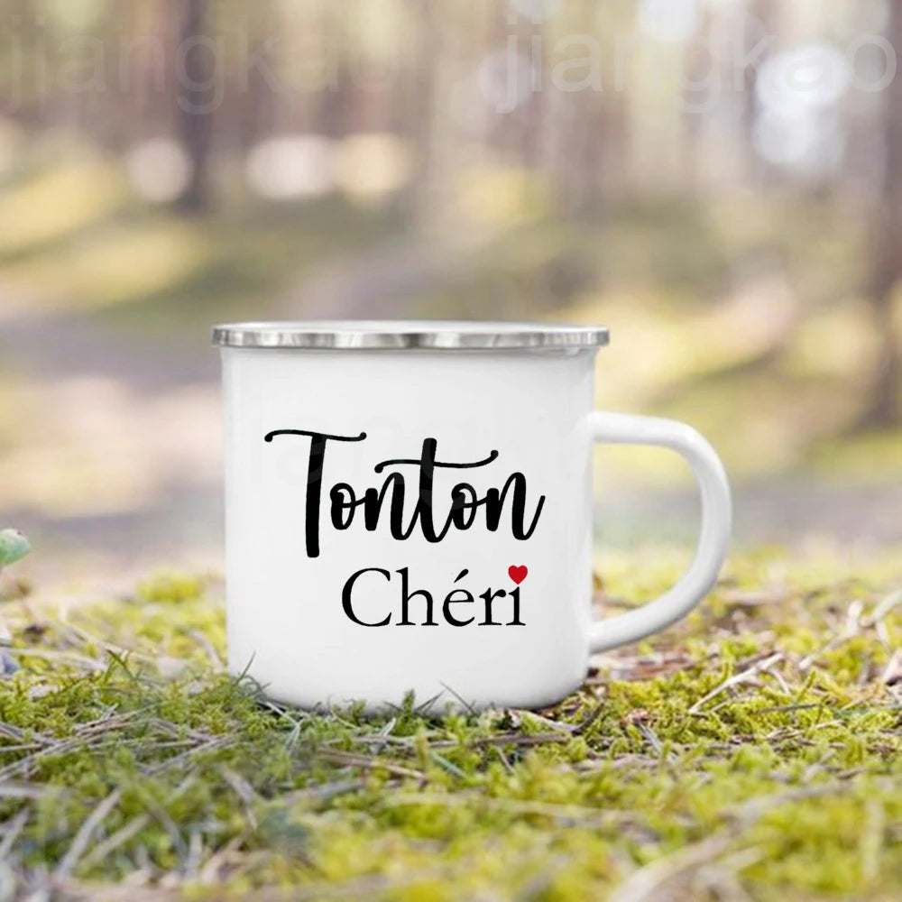 French Print Enamel Camping Mug – Family & Godparent Gift