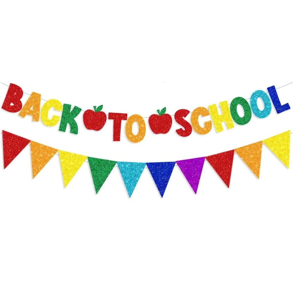 2-Pack Glitter Back to School Banner & Triangle Bunting Set