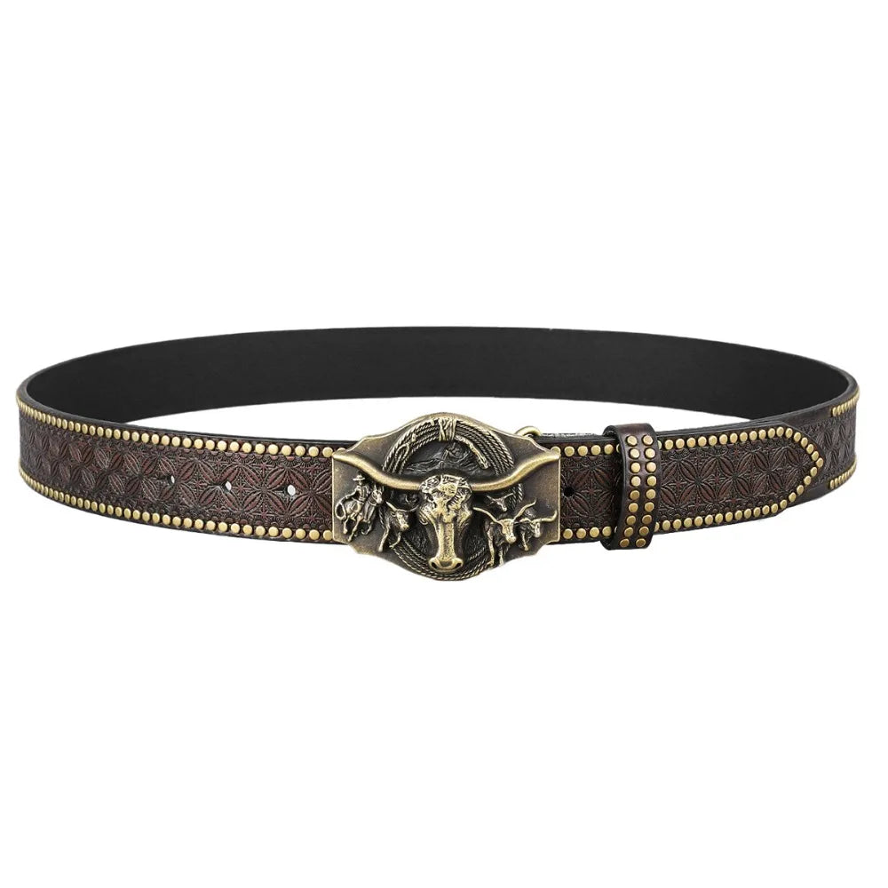 Vintage Western Cowboy PU Leather Belt – Ox Head Buckle