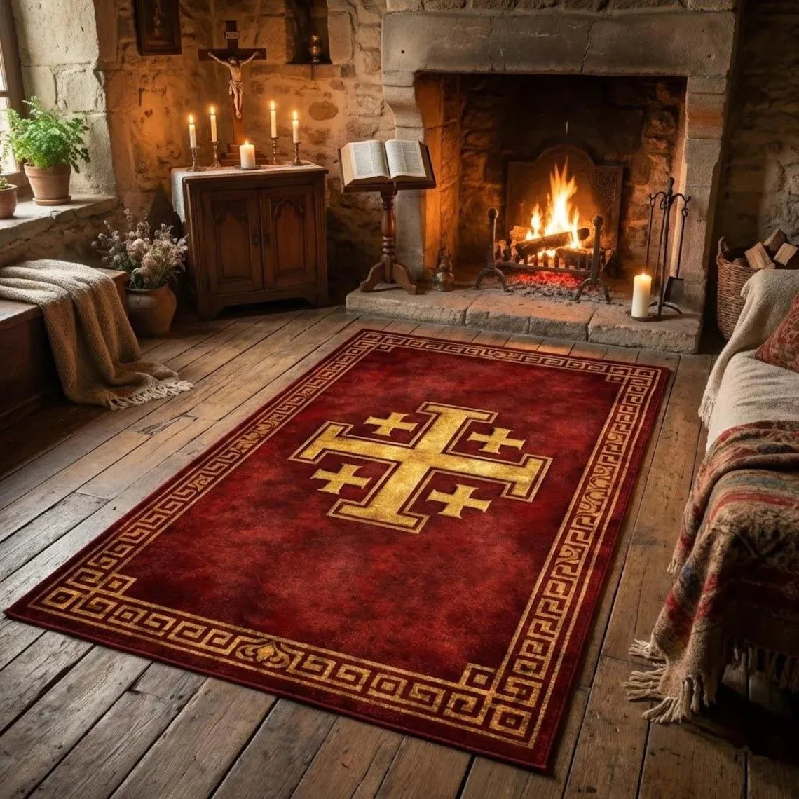 Jerusalem Cross Prayer Rug – Non-Slip Christian Floor Mat