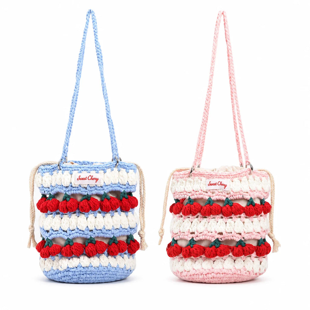 Cherry Crochet Bucket Bag – Hand Woven Women's Shoulder Bag