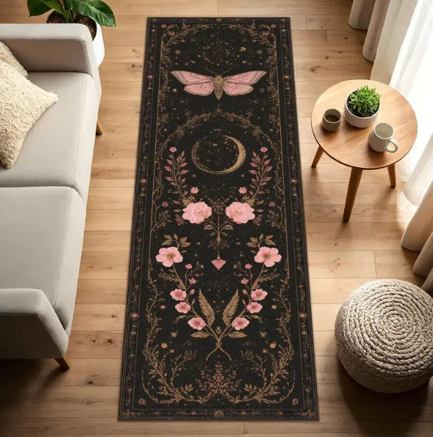 Boho Moth Floral Runner Rug – Non-Slip Washable Hallway Mat