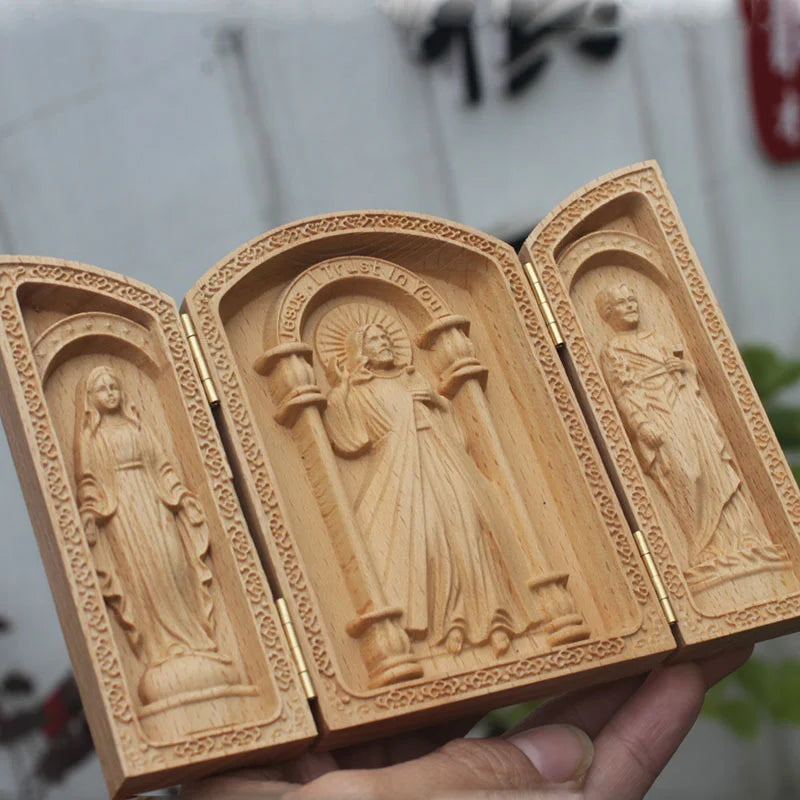 Catholic Wooden Triptych Shrine Box – Carved Religious Altar