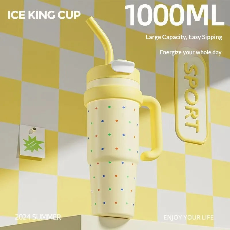 1000ml Stainless Steel Thermos Cup with Handle & Straw