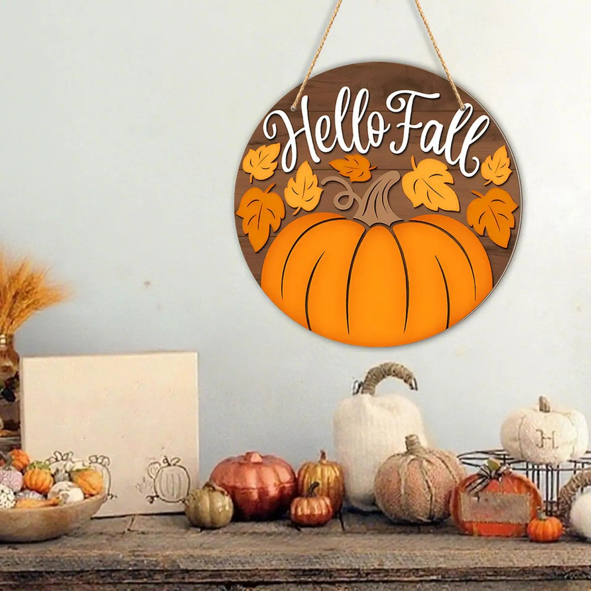 Rustic Autumn Welcome Plaque | Round Wood Hanging Sign