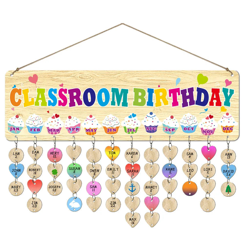 Wood Birthday Calendar Wall Hanging Board with Hemp Rope & Tags