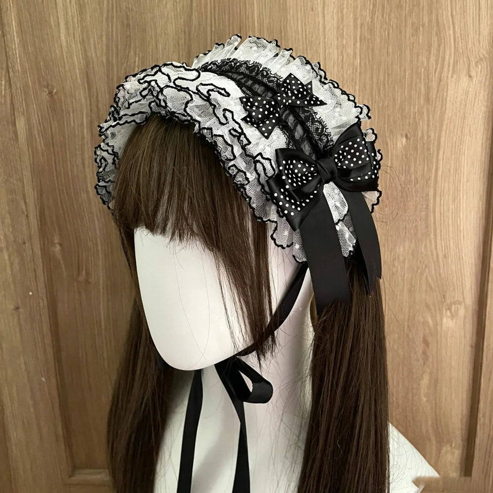 Lolita Lace Headband – Black White Polka Dot Bow Headdress