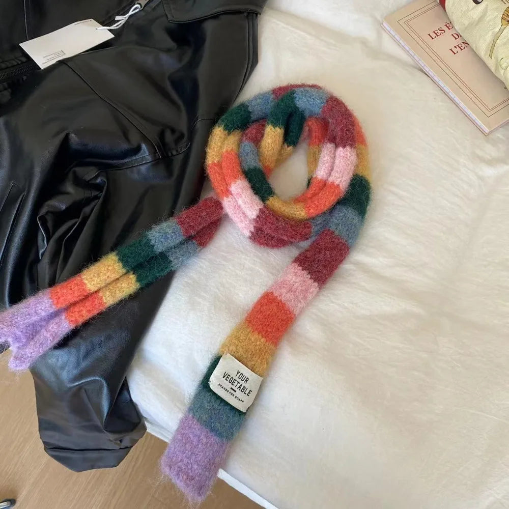 Y2K Rainbow Stripe Knitted Scarf – Slim Colorful Winter Scarf