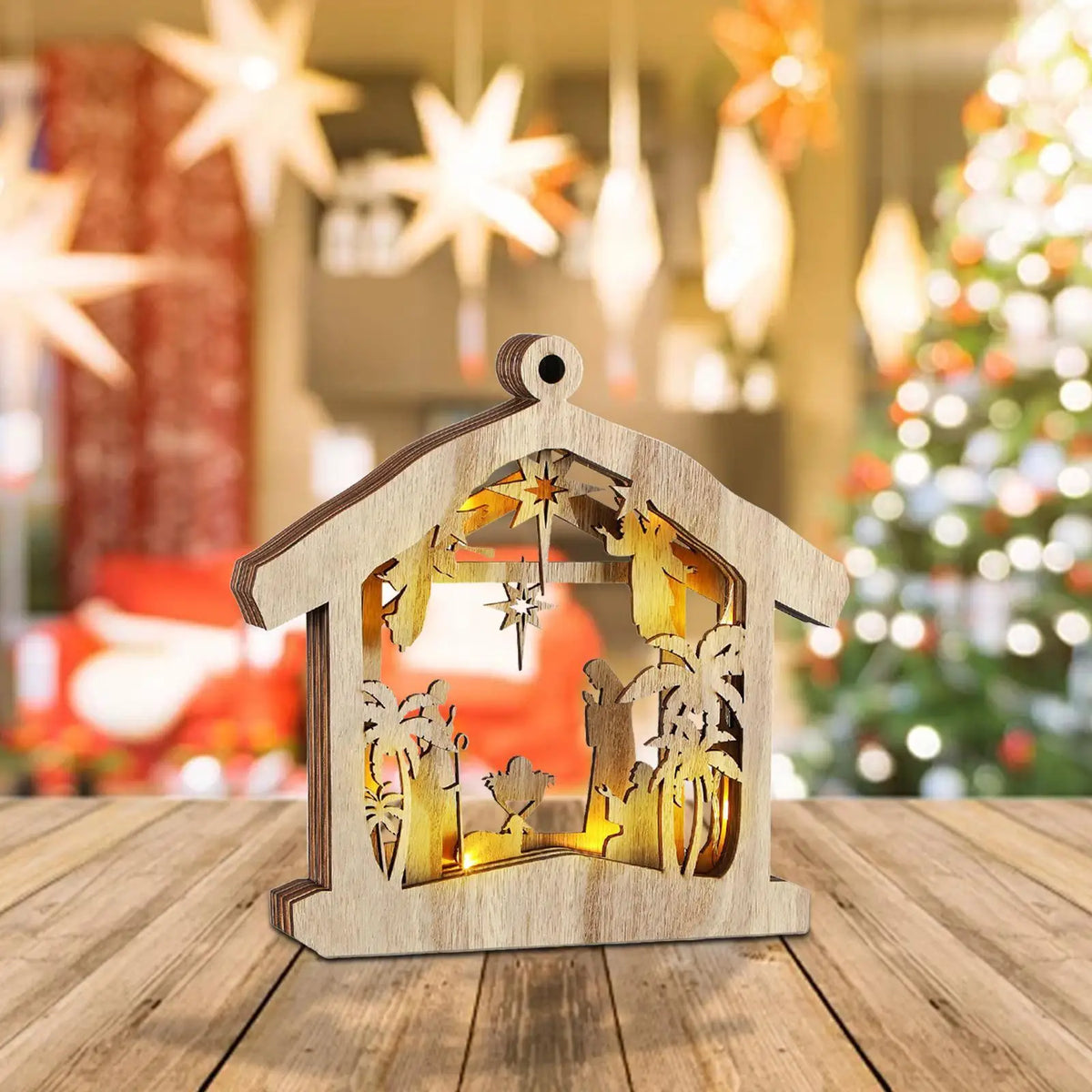 Wooden Nativity Scene Ornament with Warm LED Light | Christmas