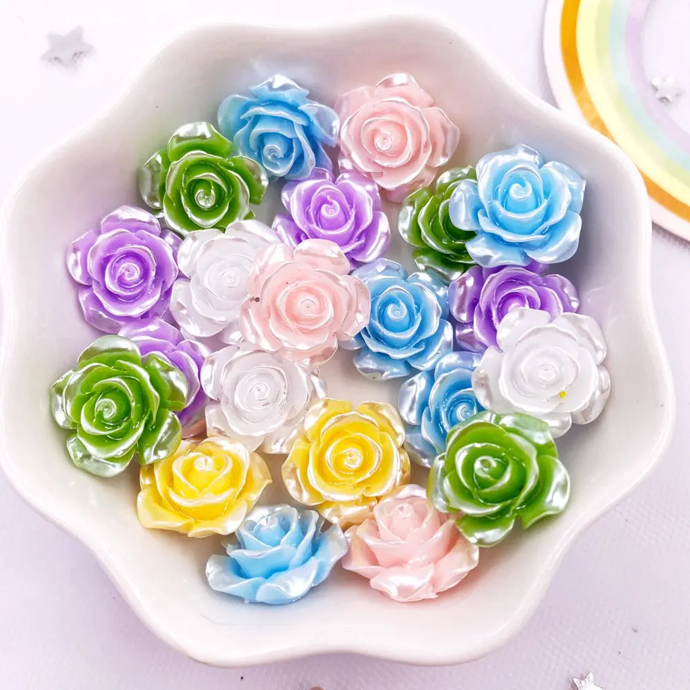 40Pcs 15mm Resin Glitter Pearl Rose Flatback Flower Embellishments