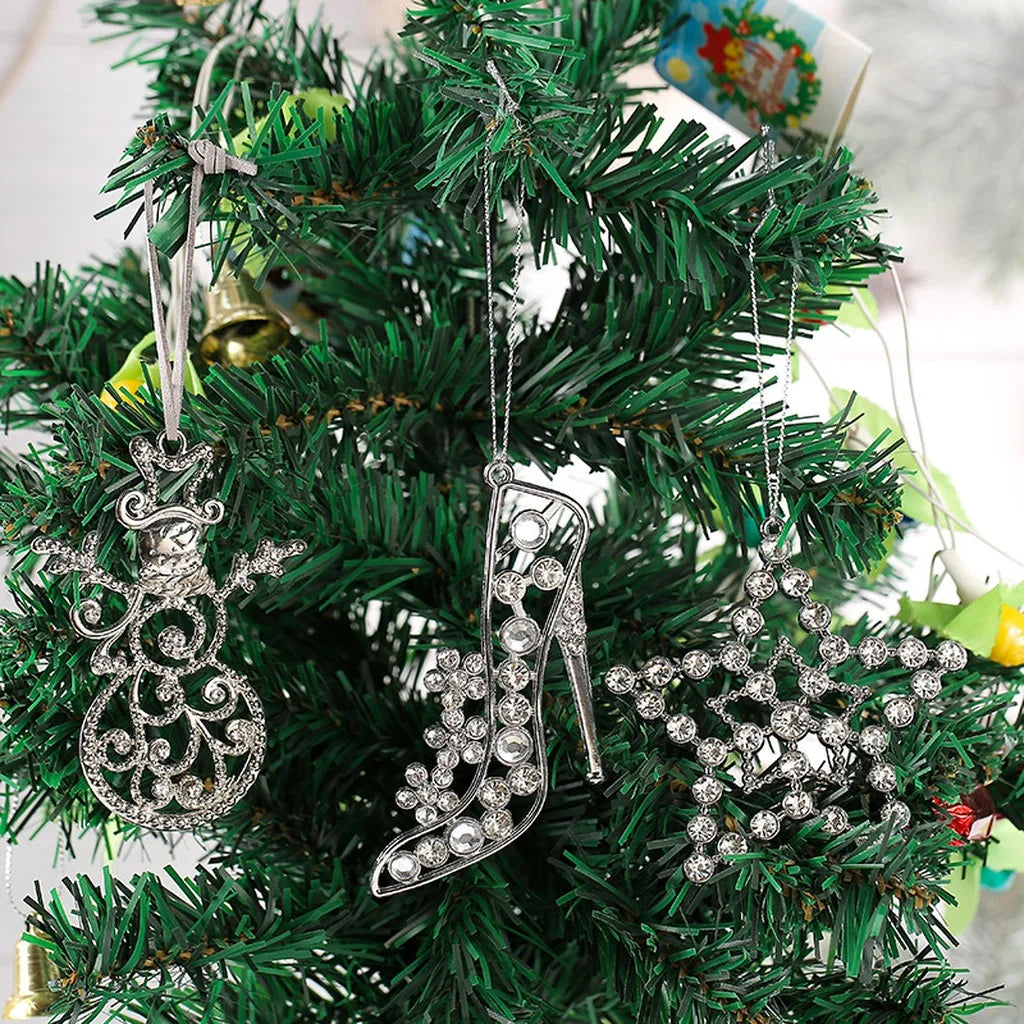 Silver Rhinestone Christmas Ornament Set – 3 Hanging Pendants
