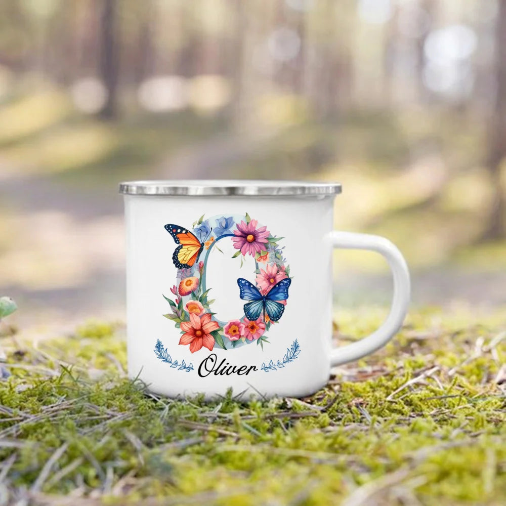 Personalized Floral Initial Enamel Mug | Custom Name Coffee Cup