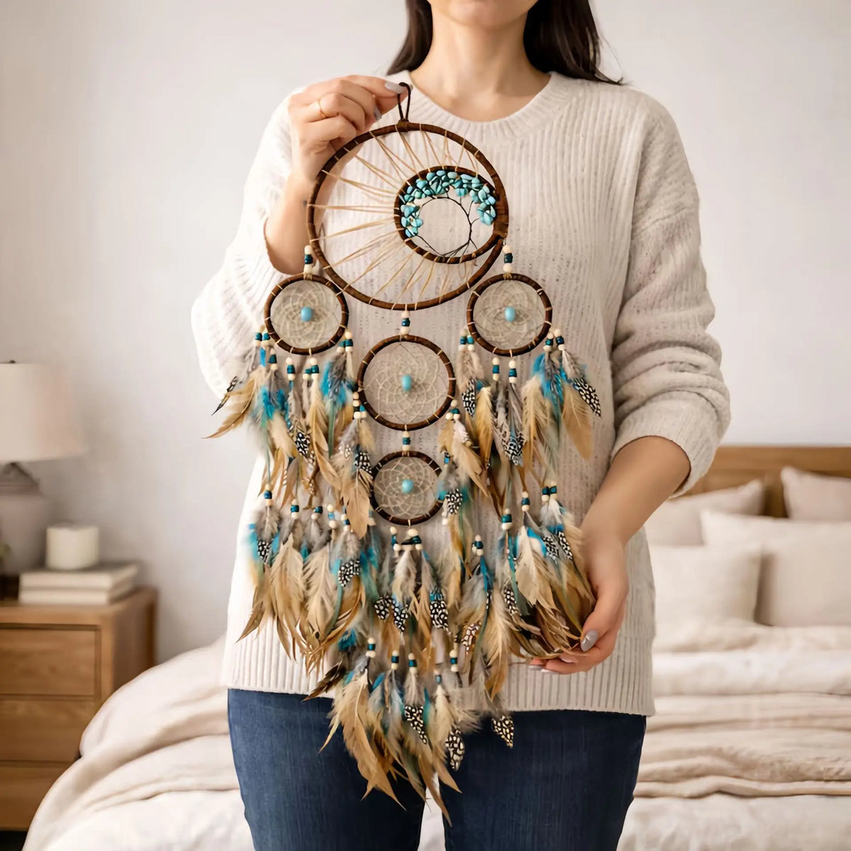 Turquoise Life Tree Dream Catcher – Feather Wall Décor Pendant