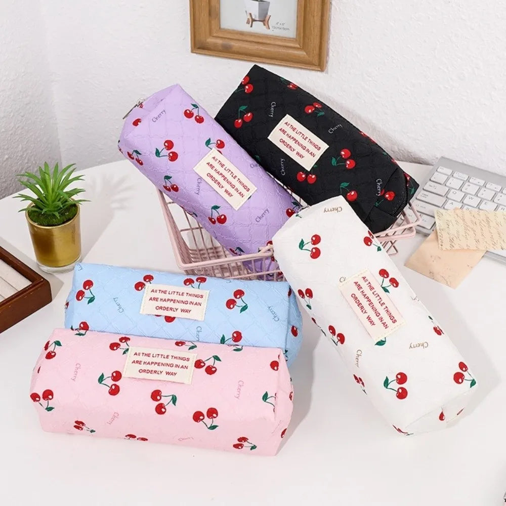 Korean Cherry Print Pencil Case – Large Capacity Quilted Pouch