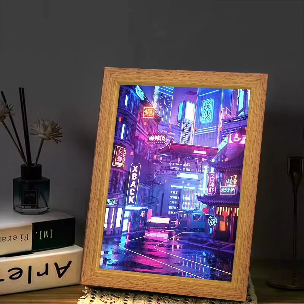 USB LED City Night Scene Light Picture – Wood Frame Wall Art
