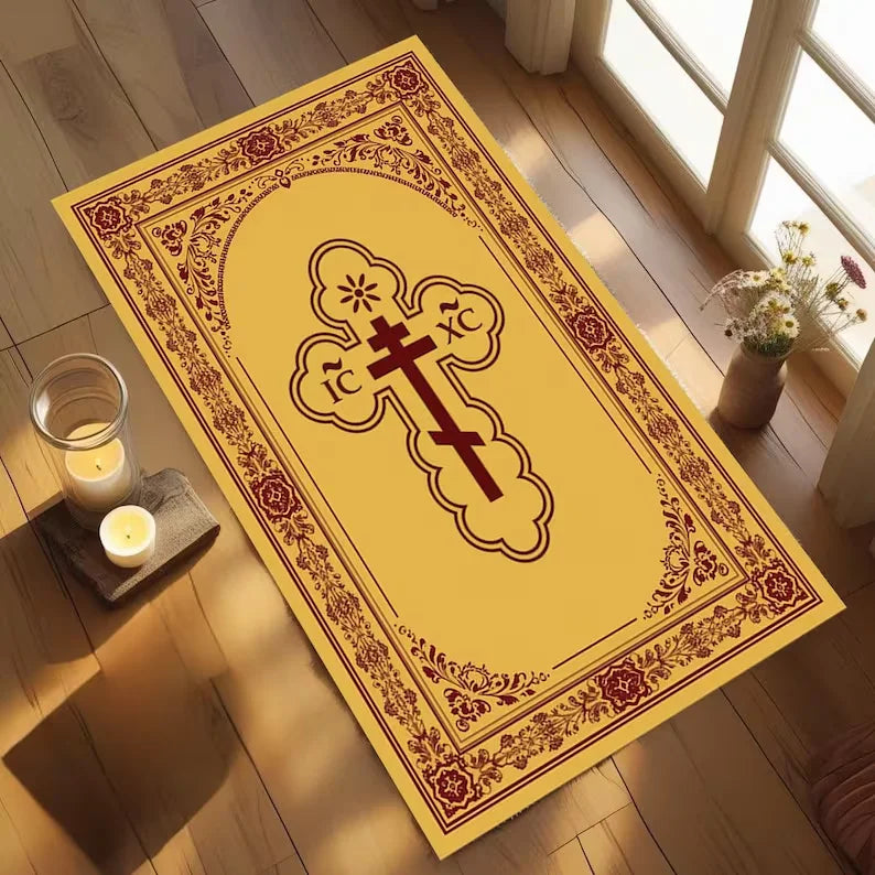 Orthodox Cross Prayer Rug | Floral Byzantine Art Christian Mat