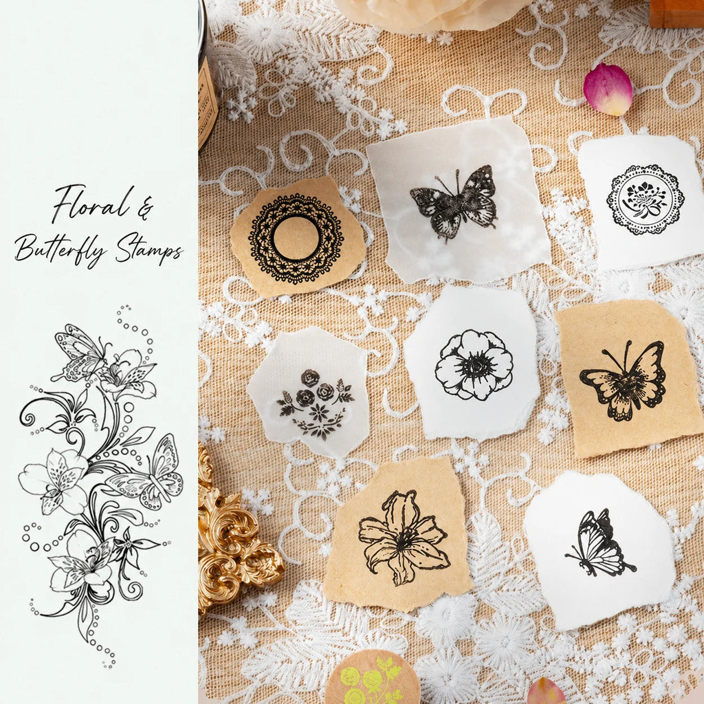 Butterfly Floral Wooden Rubber Stamp Set – 8pc + Ink Pad
