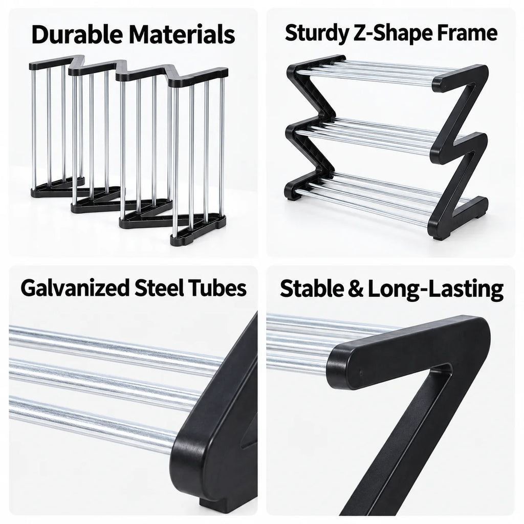 3-Tier Z-Shaped Shoe Rack – Space-Saving Metal Organizer