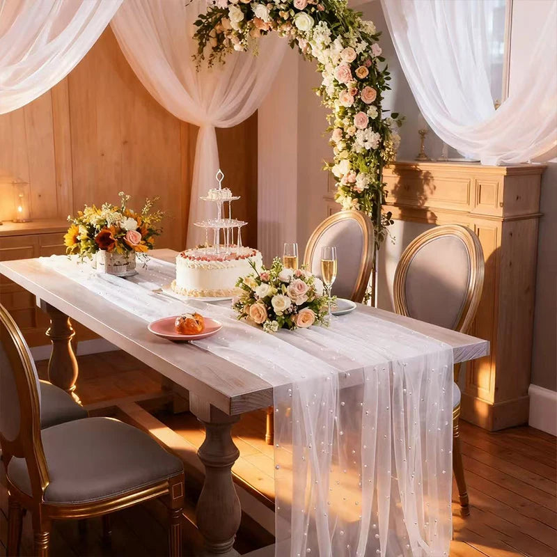 White Pearl Tulle Mesh Table Runner – Wedding & Party Décor