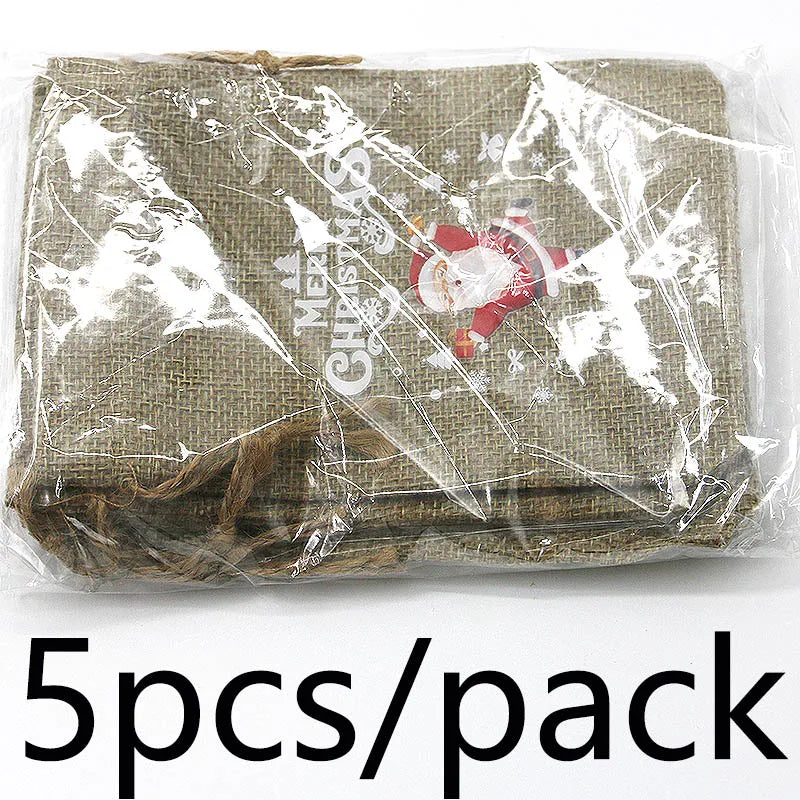 5-Pack Linen Christmas Gift Bags – Apple & Santa Pattern