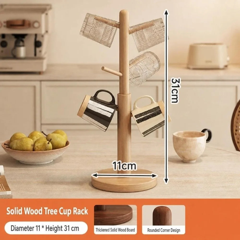 Wooden Tree Mug Rack – 6-Hook Coffee Cup Holder & Organizer