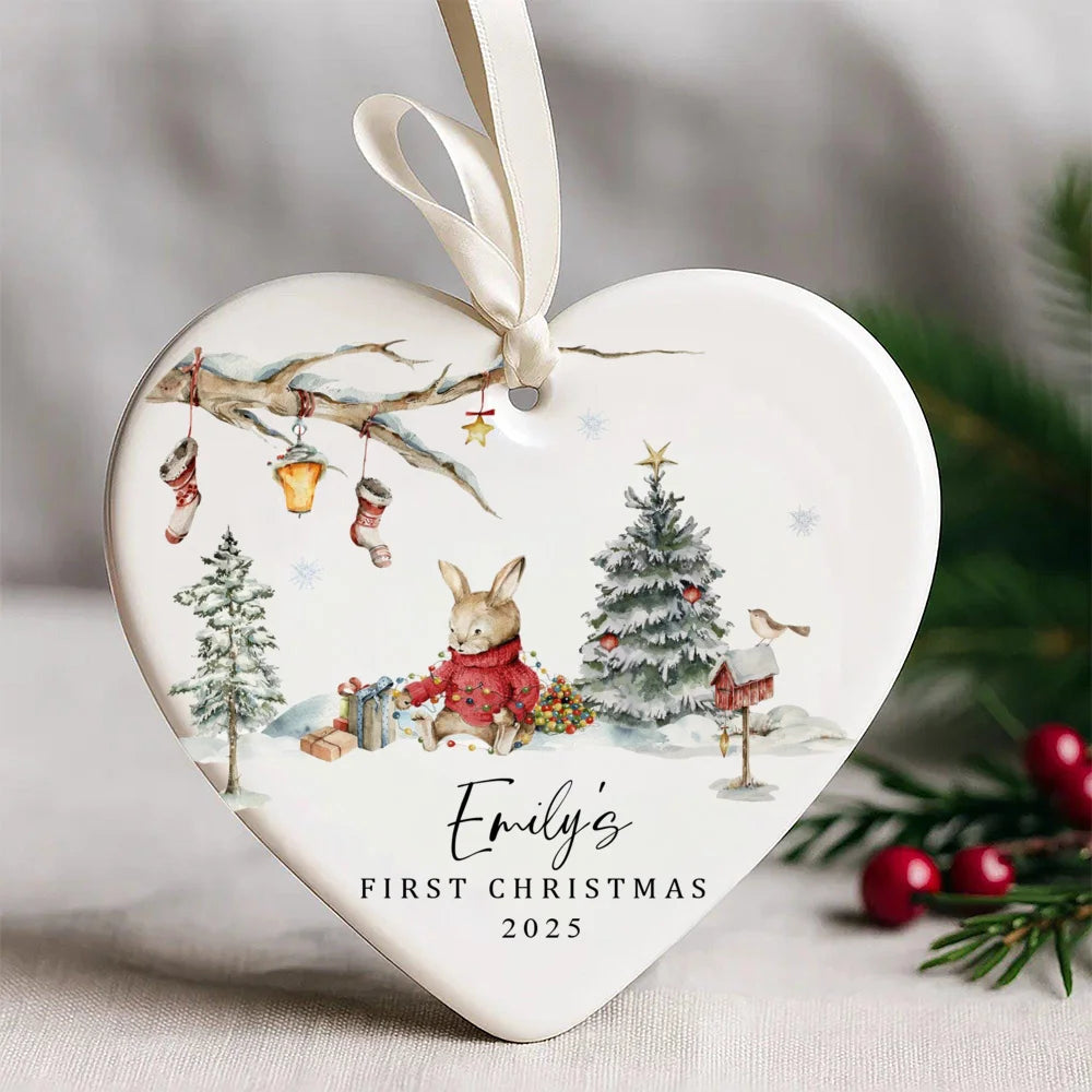 Personalized Bunny Baby's First Christmas Ceramic Ornament