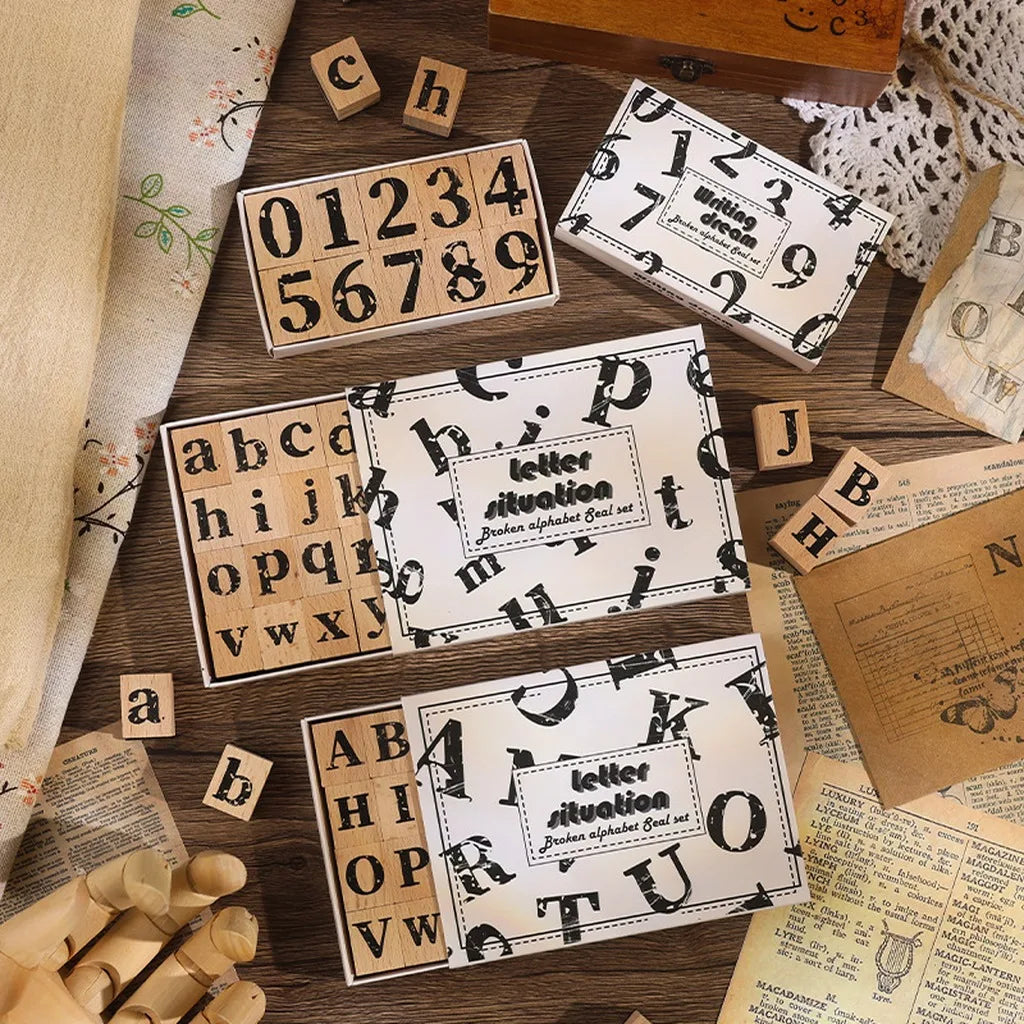 Vintage Broken Style Wooden Rubber Stamp Set – Letters & Numbers