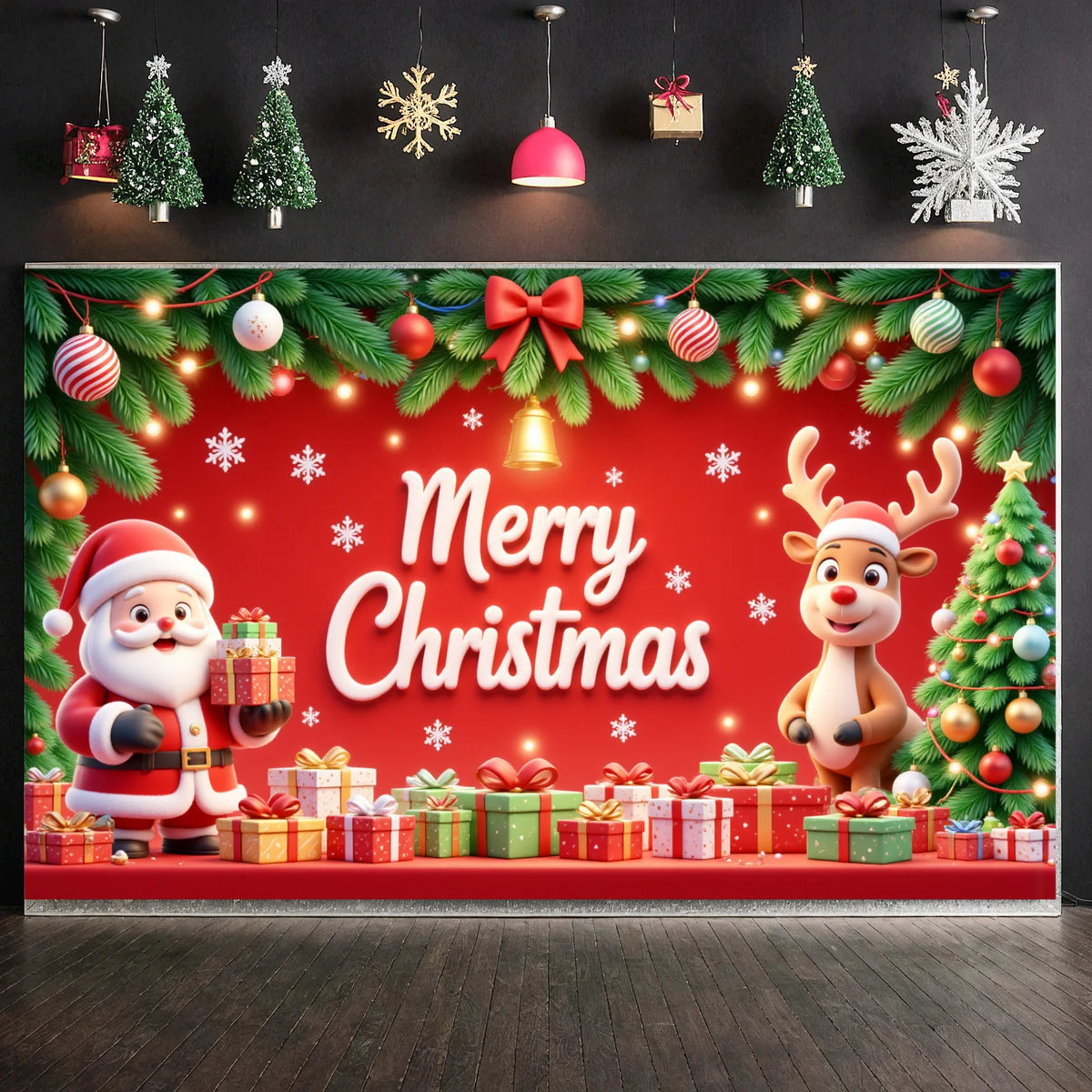 Christmas Backdrop Red Bow & Tree Holiday Banner 180x110cm
