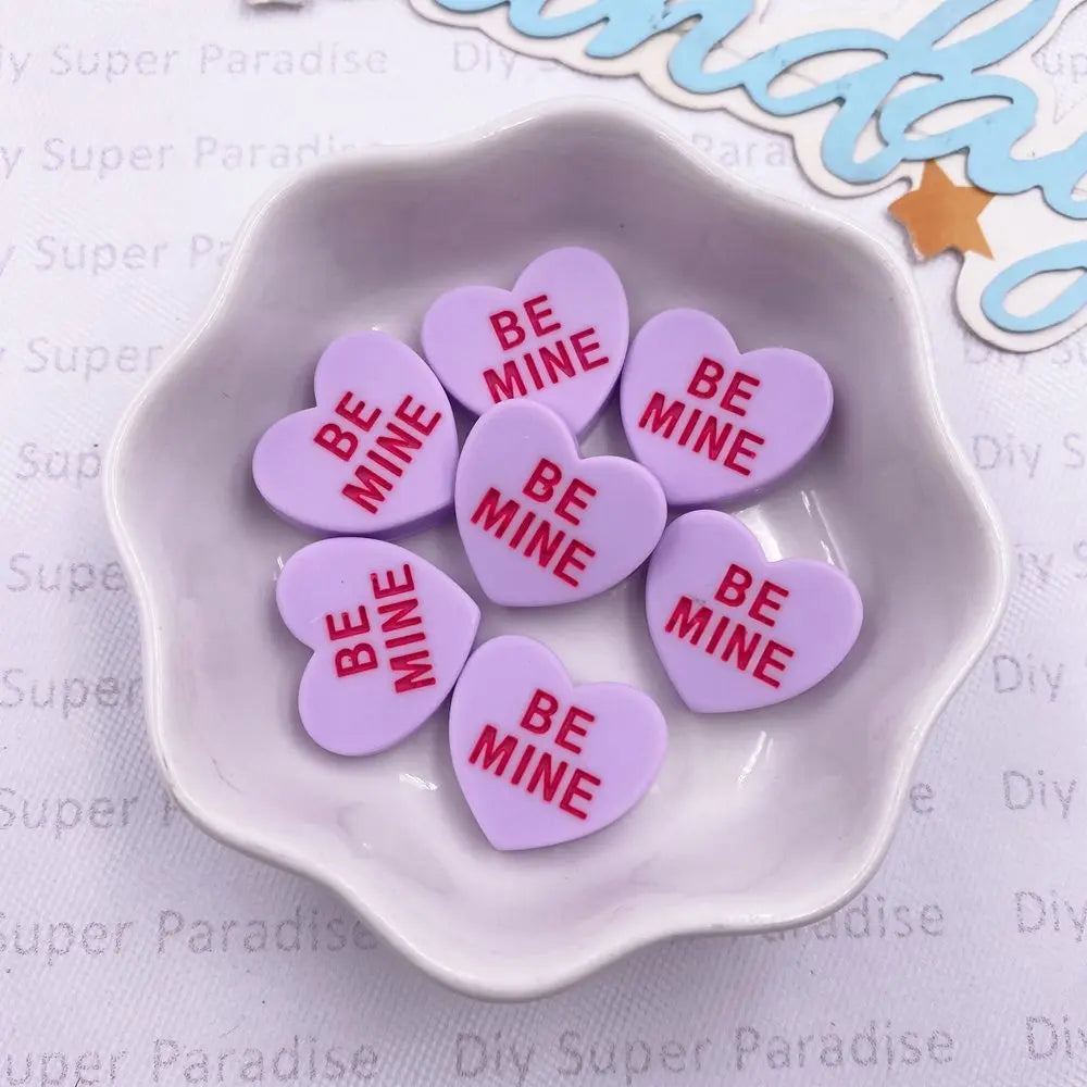 Resin Heart "BE MINE" Flat Back Cabochons – 10pcs DIY Crafts