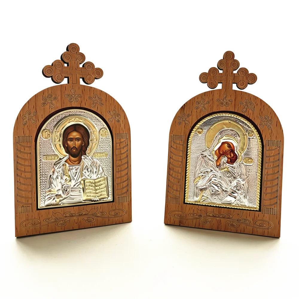 Wooden Orthodox Icon Jesus & Virgin Mary | Religious Decor