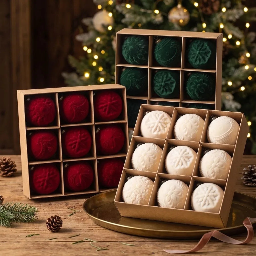 9-Piece Flocked Embossed Christmas Baubles Set – 8cm Ornaments