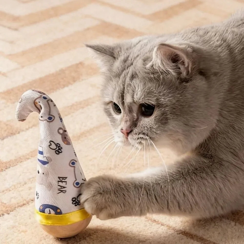 Interactive Cat Tumbler Wobbler Toy – Feather & Wooden Base