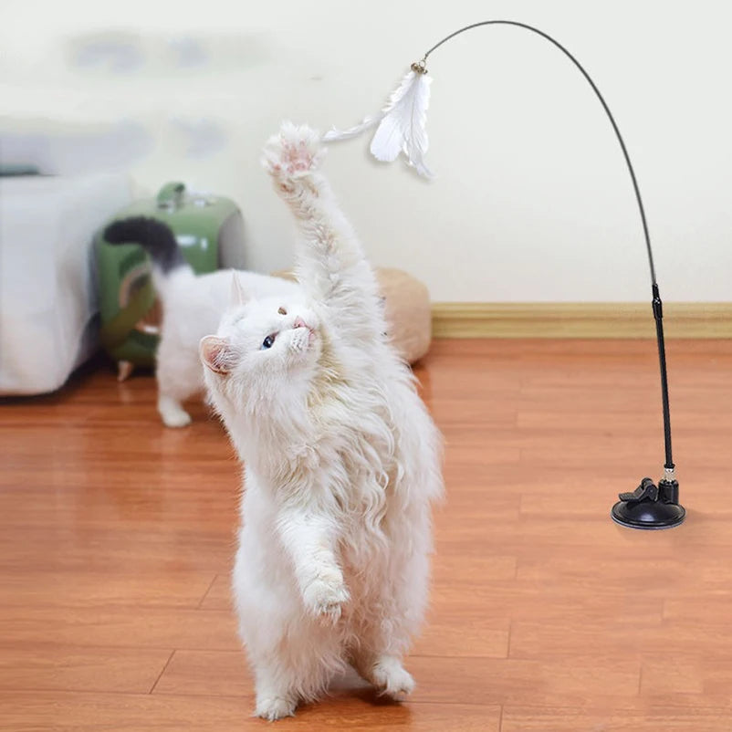 Suction Cup Cat Teaser Toy – Bell, Feather & Long Rod Wand
