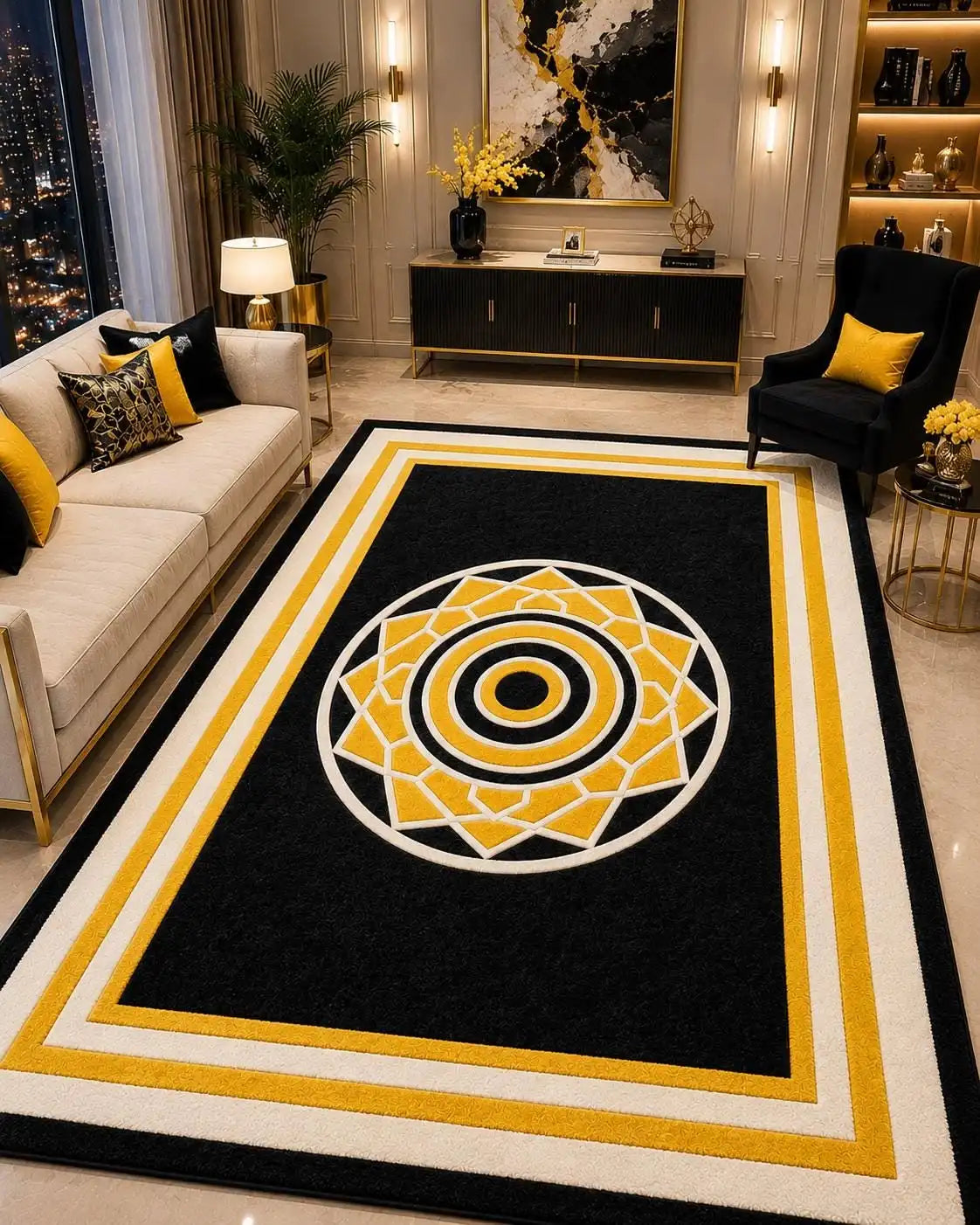 Navy Blue Gold Geometric Area Rug – Non-Slip Rectangle Carpet