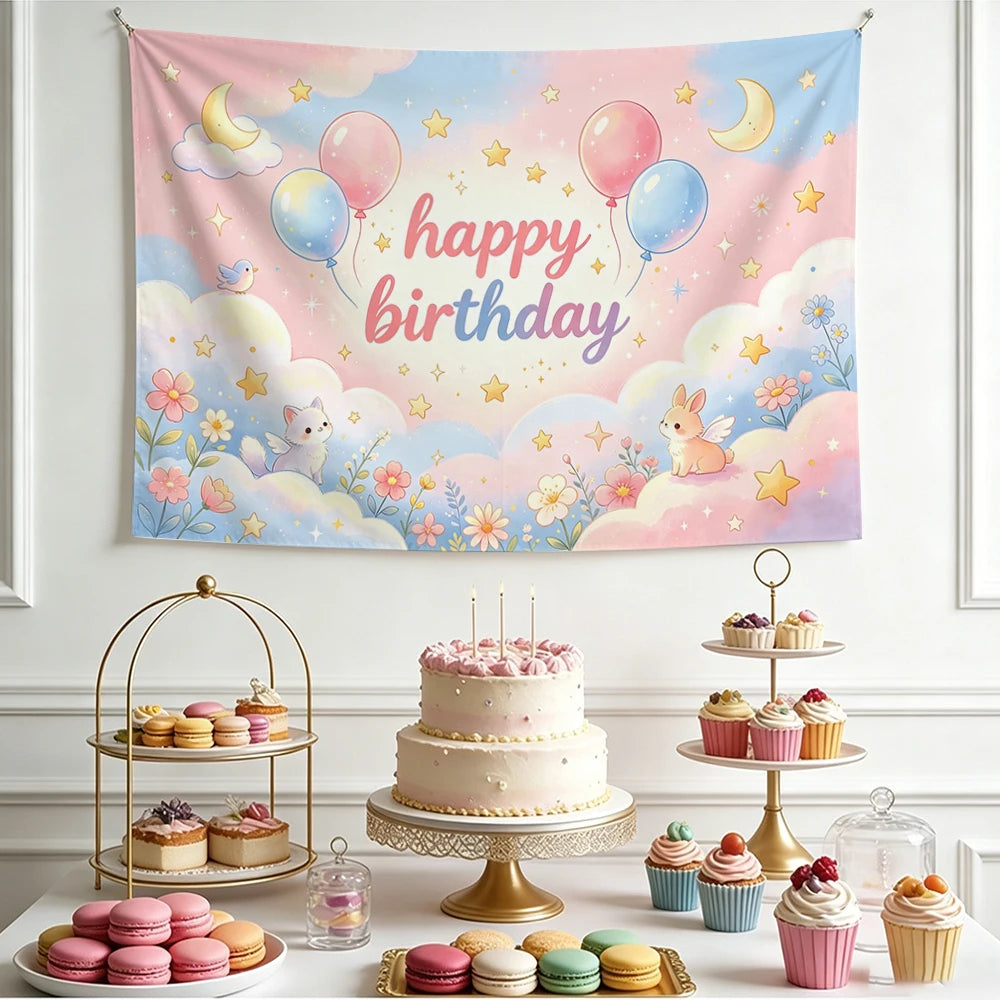 Happy Birthday Cherry Print Tapestry – Party Wall Hanging