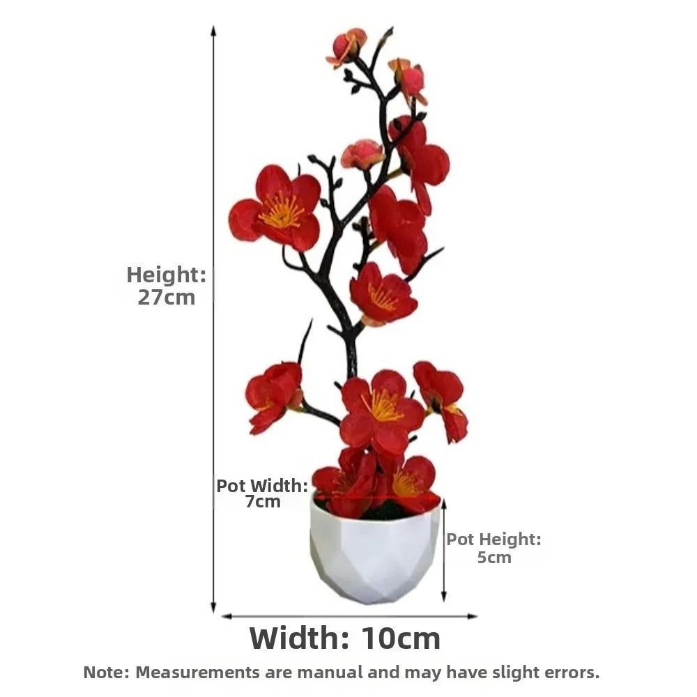 Red Artificial Plum Blossom Bonsai – Fake Wintersweet Potted Plant